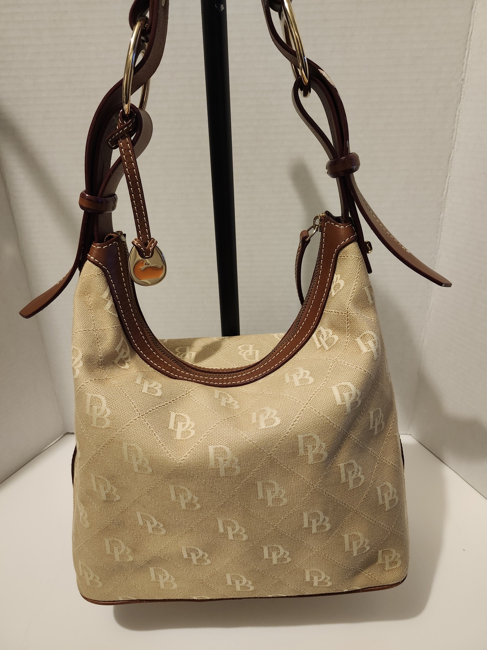 Dooney & Bourke Beige Canvas Shoulder Bag with Brown Leather Trim